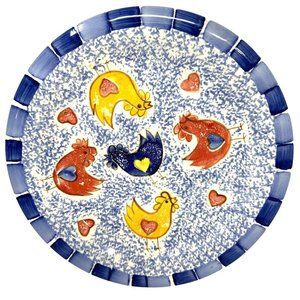 FWC The Cooks Bazaar Dinner Serving Plate Chickens Hearts Blue Red Orange 11"